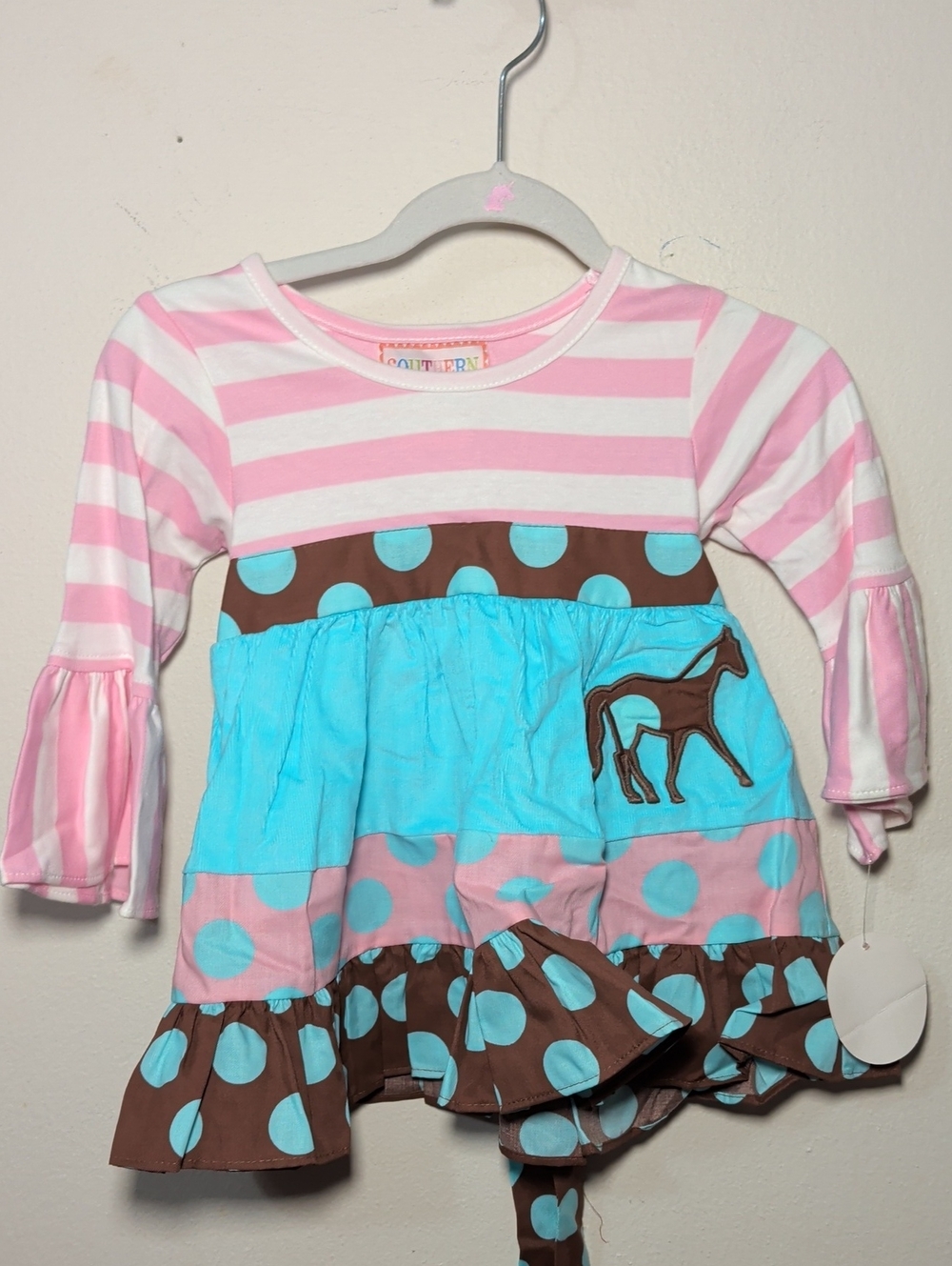 Southern Tots Horse Applique Dress Pink White Brown Blue Stripes Polka Dots 12M